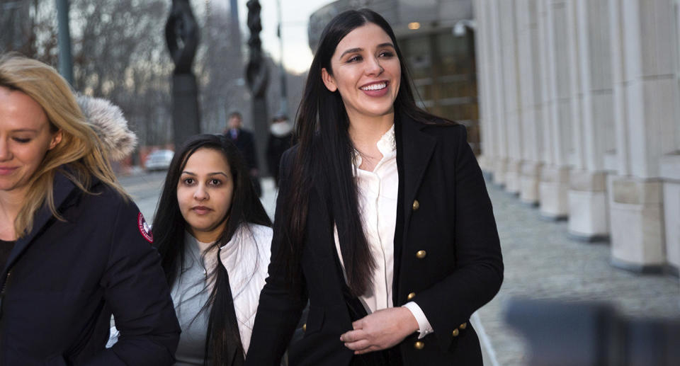 Emma Coronel Aispuro leaves Brooklyn federal court. Source: AP, file photo