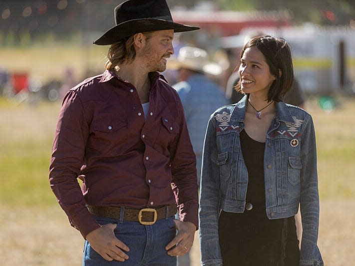 Kayce Dutton (Luke Grimes) and Monica Long-Dutton (Kelsey Asbille) in "Yellowstone' season five.