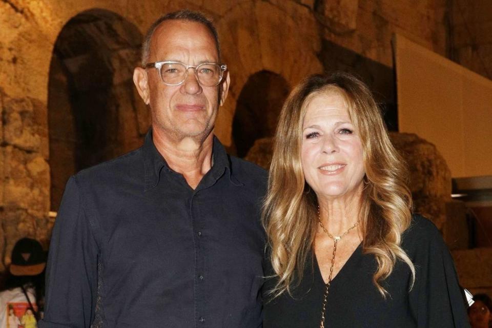 <p>BACKGRID </p> Tom Hanks and wife Rita Wilson attend a charity event in Athens, Greece, on Sept. 12.