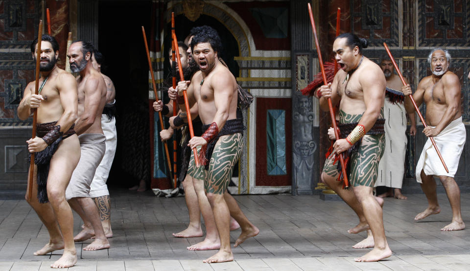 New Zealand's Ngakau Toa Theatre Company perform a traditional ceremonial 'haka' at The Globe Theatre in London, Monday, April 23, 2012. On Monday, Shakespeare's birthday the Globe to Globe Festival, part of the World Shakespeare Festival started, with 37 international companies presenting 37 of Shakespeare's plays in 37 different languages. (AP Photo/Kirsty Wigglesworth)