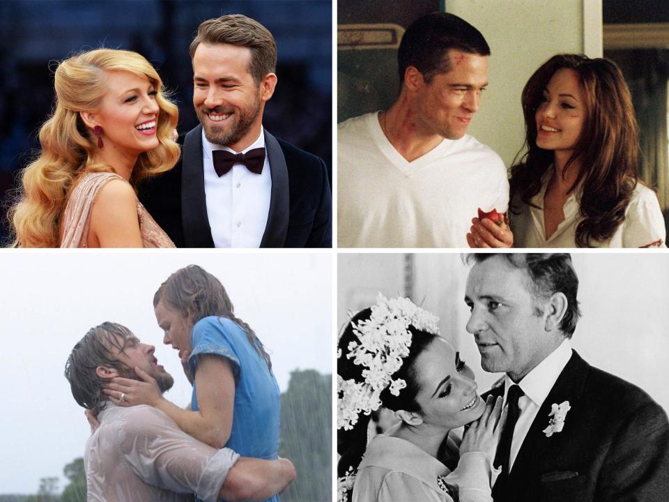 From top left clockwise: Blake Lively and Ryan Reynolds, Brad Pitt and Angelina Jolie, Ellizabeth Taylor and Richard Burton, and Ryan Gosling and Rachel McAdams (Getty/20th Century Fox/New Line Cinema)