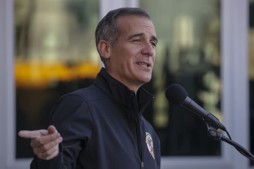 Los Angeles, CA - January 06: Mayor Eric Garcetti addresses a press conference held at Los Angeles Fire Station 3 on Thursday, Jan. 6, 2022 in Los Angeles, CA. (Irfan Khan / Los Angeles Times)