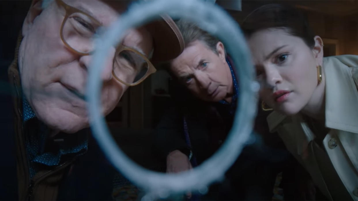  Only Murders In The Building Season 4 Charles Oliver and Mabel look down a sniper scope. 