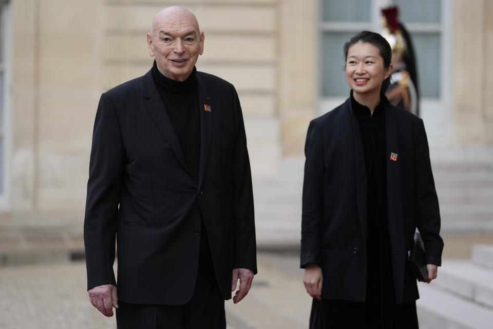 Architect Jean Nouvel, left, arrives for a state diner hosted by French President Emmanuel Macron for China's President Xi Jinping at the Elysee Palace, Monday, May 6, 2024 in Paris. (AP Photo/Thibault Camus)
