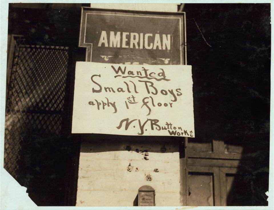 Wanted: Small boys sign in Manhattan in the early 20th century.