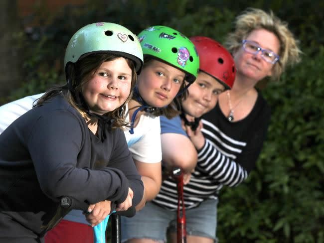 Amy Marney, 8, Jack Gardiner, 12, and Caleb Marney, 12, with Jayne Marney. Photo: Newscorp.