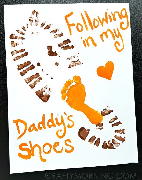 <p>Grab one of dad's shoes (preferably an old and unused one) and dip it into some paint to make a shoe print. Follow the same process with baby's footprint, and you have an adorable card he'll hold on to for years to come. </p><p><em><a href="https://www.craftymorning.com/following-daddys-shoes-fathers-day-craft/" rel="nofollow noopener" target="_blank" data-ylk="slk:Get the tutorial from Crafty Morning »" class="link ">Get the tutorial from Crafty Morning »</a></em> <br></p>