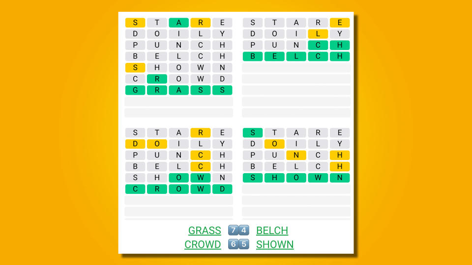 Quordle answers for game 488 on a yellow background