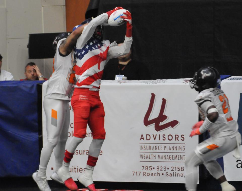 Salina's Demarius Washington (1) makes a catch during Champions Bowl VII Saturday at Tony's Pizza Events Center.