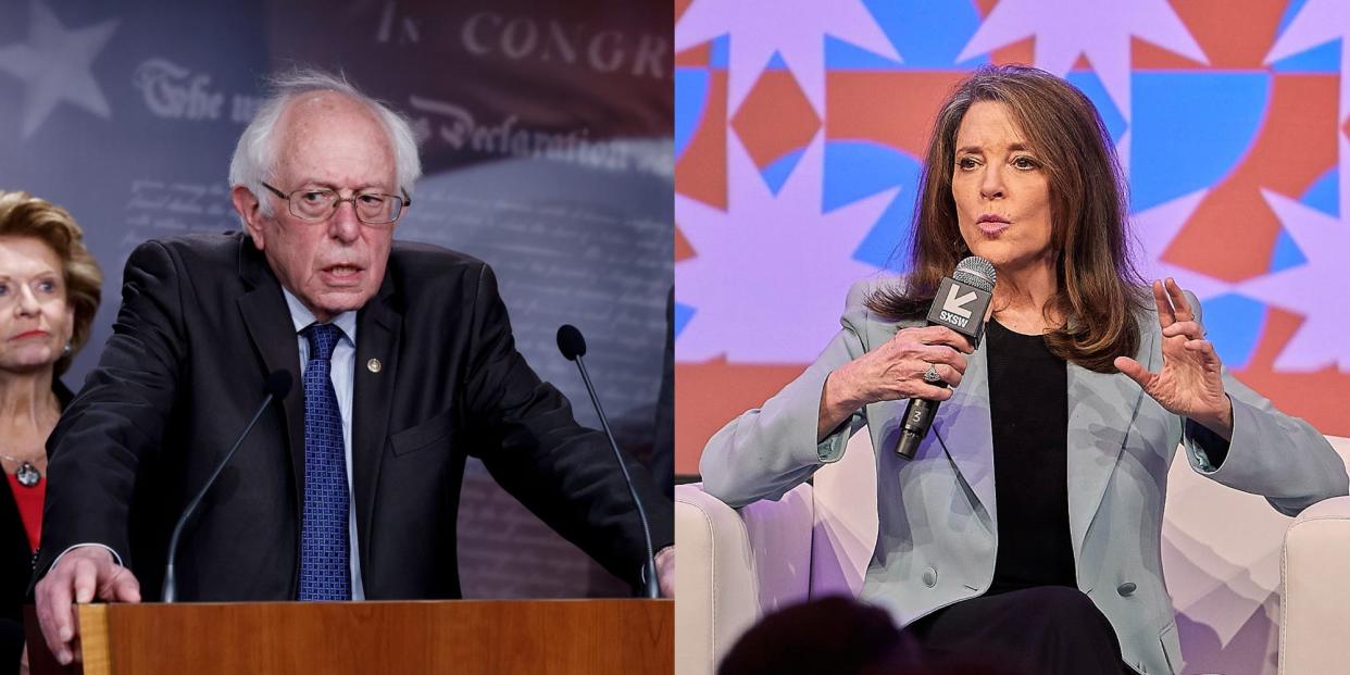 Independent Sen. Bernie Sanders of Vermont and 2024 presidential candidate Marianne Williamson.