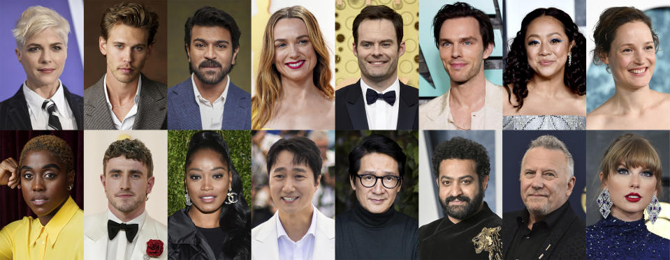 This combination of photos shows, top row from left, Selma Blair, Austin Butler, Ram Charan, Kerry Condon, Bill Hader, Nicholas Hoult, Stephanie Hsu and Vicky Krieps, bottom row from left, Lashana Lynch, Paul Mescal. Keke Palmer, Park Hae-il, Ke Huy Quan, NT Rama Rao Jr., Paul Reiser and Taylor Swift, who are among the entertainment professionals invited to join the Academy of Motion Picture Arts and Sciences. (AP Photo)