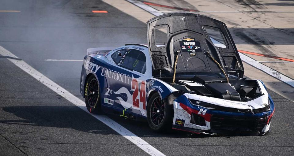 The No. 24 Chevy of William Byron shows damage at Dover Motor Speedway