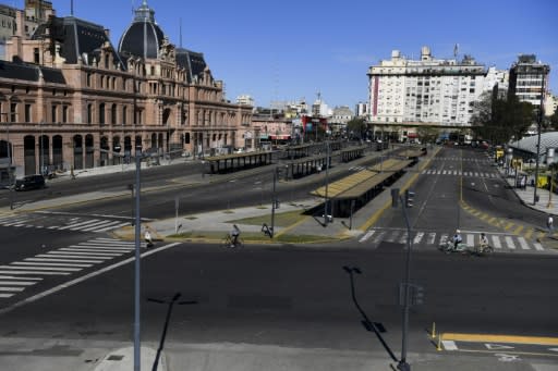 View of Constitucion train station and empty bus stops in Buenos Aires during the strike