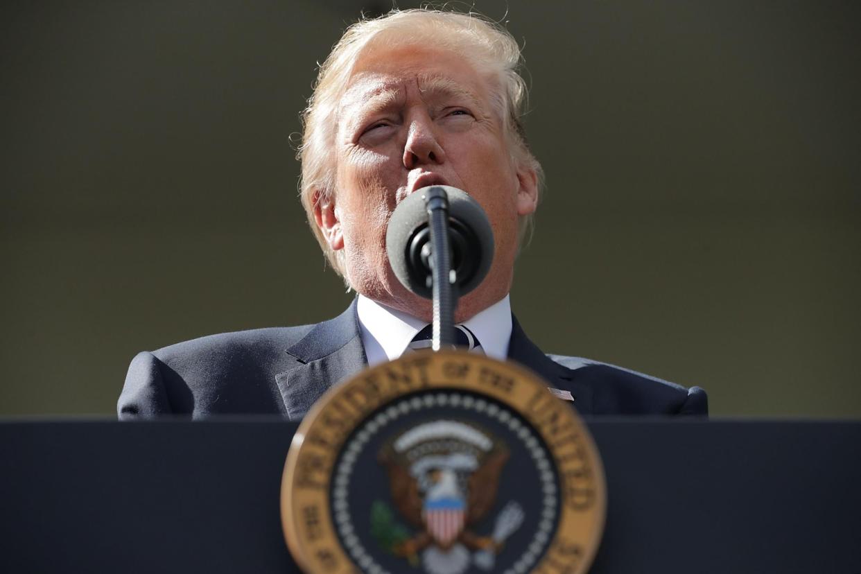 President Donald Trump speaks to reporters in the Rose Garden during a news conference with Senate Majority Leader Mitch McConnell (Chip Somodevilla/Getty Images)