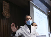 Chair Professor of public Health Medicine Gabriel Leung talks to media during a press conference in Hong Kong, Monday, Jan. 27, 2020. Hong Kong announced it would bar entry to visitors from the mainland province at the center of the outbreak. Travel agencies were ordered to cancel group tours nationwide following a warning the virus's ability to spread was increasing.(AP Photo/Achmad Ibrahim)