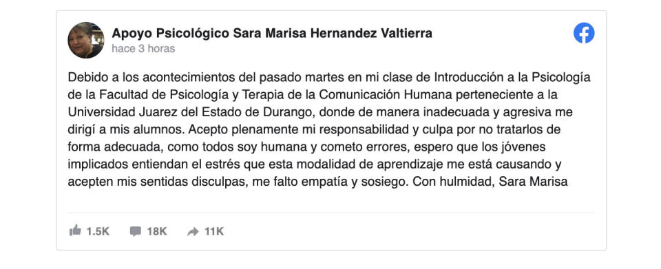 Disculpa en facebook publicada por Sara Marisa Hernández, profesora de la Universidad Juárez del Estado de Durango