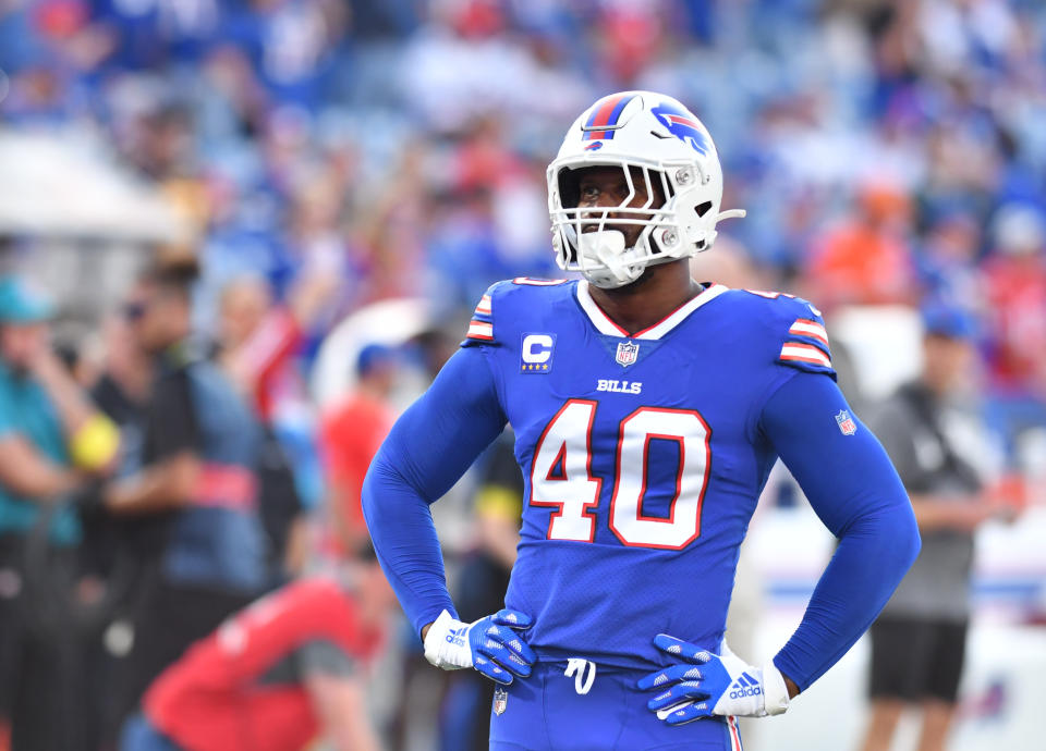 Bills linebacker <a class="link " href="https://sports.yahoo.com/nfl/players/24789" data-i13n="sec:content-canvas;subsec:anchor_text;elm:context_link" data-ylk="slk:Von Miller;sec:content-canvas;subsec:anchor_text;elm:context_link;itc:0">Von Miller</a> Credit: Mark Konezny-USA TODAY Sports