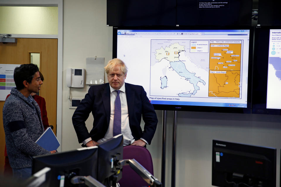 Prime Minister Boris Johnson visits the command centre at the Public Health England National Infection Service in Colindale, north London, after the number of confirmed coronavirus cases in the UK leapt to 35 after 12 new patients were identified in England.