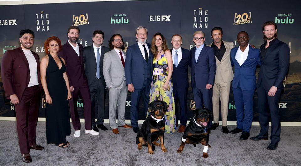 From left: E.J. Bonilla, Alia Shawkat, Jon Watts, Dan Shotz, Robert Levine, Jeff Bridges, Amy Brenneman, Jonathan E. Steinberg, Warren Littlefield, Pej Vahdat, Gbenga Akinnagbe and Bill Heck, with dogs Freya and Cain at The Old Man event at L.A.’s Academy Museum on June 08, 2022. - Credit: Tommaso Boddi/Getty Images