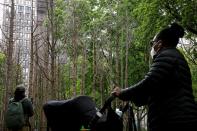 People look at "Ghost Forest" an art installation designed by artist Maya Lin in Madison Square Park in New York