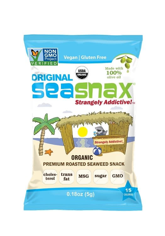 <p>Seasnax</p><p>Light and crunchy, this seaweed snack will satisfy you during your mid-day slump. <a href="http://j.mp/1NZVaNg" rel="nofollow noopener" target="_blank" data-ylk="slk:Seasnax;elm:context_link;itc:0;sec:content-canvas" class="link ">Seasnax</a> ($14 for 4)</p>