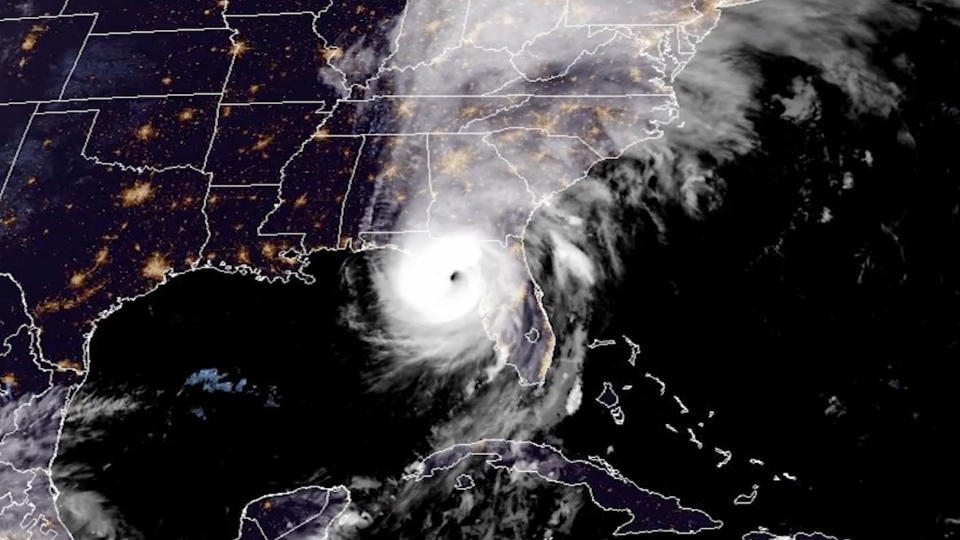  A satellite image of Hurricane Helene making landfall as a Category 4 storm on Sept. 26, 2024. 