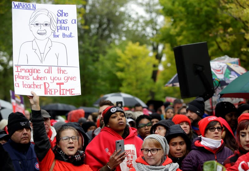 Striking teachers on picket line wait for Democratic presidential candidate Senator Elizabeth Warren to arrive in Chicago