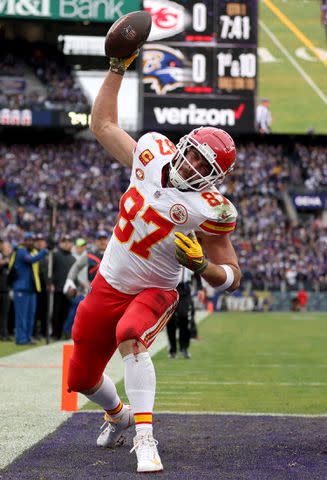 <p>Patrick Smith/Getty</p> Travis Kelce, January 2024