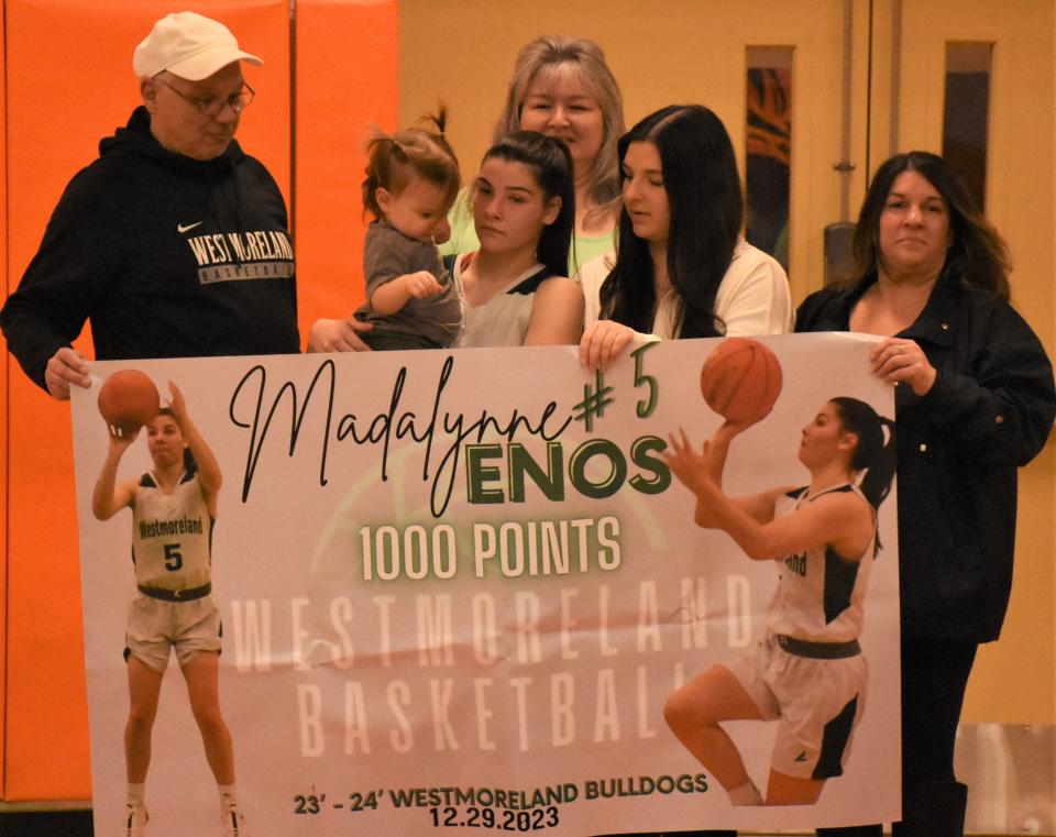 Senior Madalynne Enos scored the 1,000th point of her five-year varsity basketball career at Westmoreland with a basket in the first quarter of the Bulldogs' Dec. 29 Miner Realty Invitational victory over Herkimer.