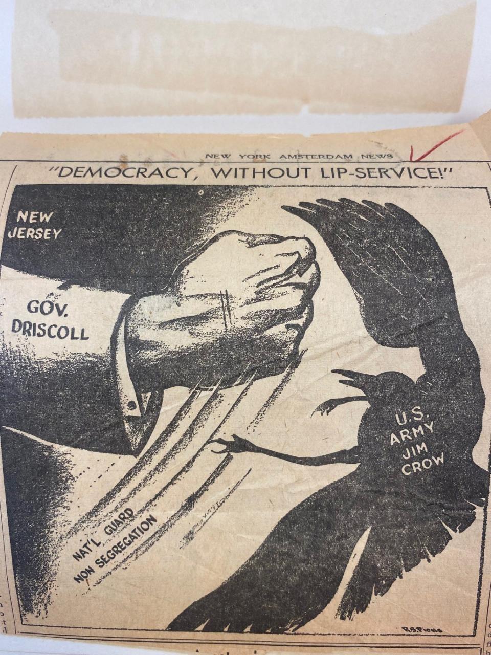 This editorial cartoon, published by the New York Amsterdam News, cheers New Jersey Gov. Alfred Driscoll's move to desegregate New Jersey's National Guard