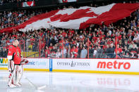 OTTAWA, CANADA - APRIL 16: Craig Anderson #41 of the Ottawa Senators stands during the singing of the Canadian national anthem prior to facing the New York Rangers in Game Three of the Eastern Conference Quarterfinals during the 2012 NHL Stanley Cup Playoffs at the Scotiabank Place on April 16, 2012 in Ottawa, Ontario, Canada. (Photo by Richard Wolowicz/Getty Images)