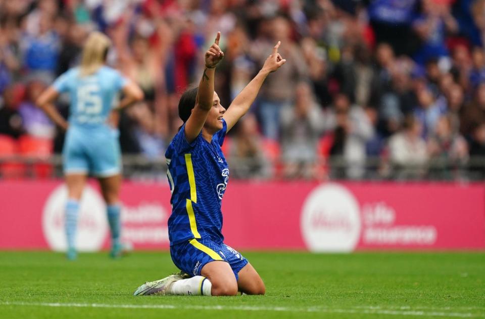 Chelsea’s Sam Kerr celebrates at full-time after the Vitality Women’s FA Cup Final at Wembley (Mike Egerton/PA) (PA Wire)