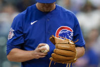 Chicago Cubs starting pitcher Alec Mills grips the baseball during the first inning of the team's baseball game against the New York Mets Tuesday, June 15, 2021, in New York. (AP Photo/Frank Franklin II)