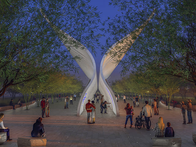 This rendering provided by Clark County on June 2, 2023, shows one of five potential designs for a permanent memorial to be built on the Las Vegas Strip in honor of the victims, survivors and first responders of the Oct. 1, 2017, mass shooting that left 60 dead and hundreds more injured at a country music festival in Las Vegas. The rampage was the deadliest mass shooting in modern America. (Courtesy of Clark County via AP)