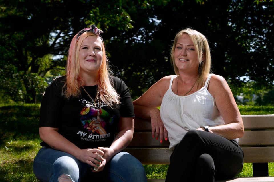 “She’s like a wicked inspiration," said Sarah Henderson, left, of her peer recovery counselor, Katie Merchant Gonzales, who also fought addiction and just celebrated eight years of sobriety. "I see how far she’s come, and that gives me hope.”