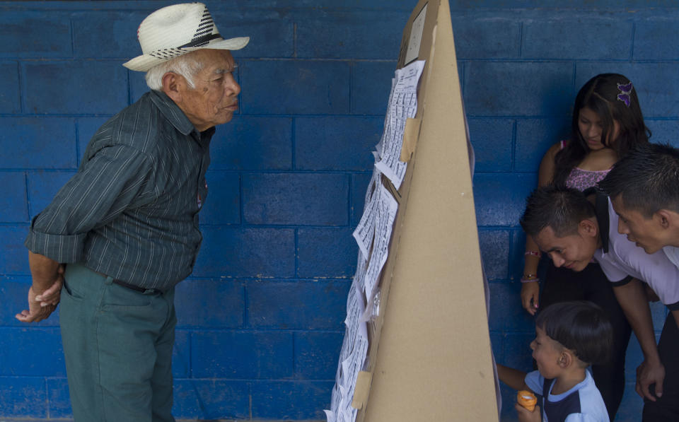 Voters search a list for the location of their respective polling tables during the presidential runoff election in Panchimalco, on the outskirts of San Salvador, El Salvador, Sunday, March 9, 2014. Salvadorans headed to the polls Sunday to elect their next president in a runoff between former Marxist guerrilla Salvador Sanchez Ceren from the ruling Farabundo Marti National Liberation Front (FMLN), and former San Salvador Mayor Norman Quijano from the Nationalist Republican Alliance (ARENA). (AP Photo/Esteban Felix)