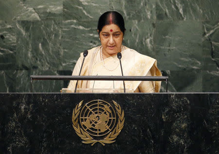 India's Minister of External Affairs Sushma Swaraj addresses attendees during the 70th session of the United Nations General Assembly at the U.N. Headquarters in New York, October 1, 2015. REUTERS/Mike Segar