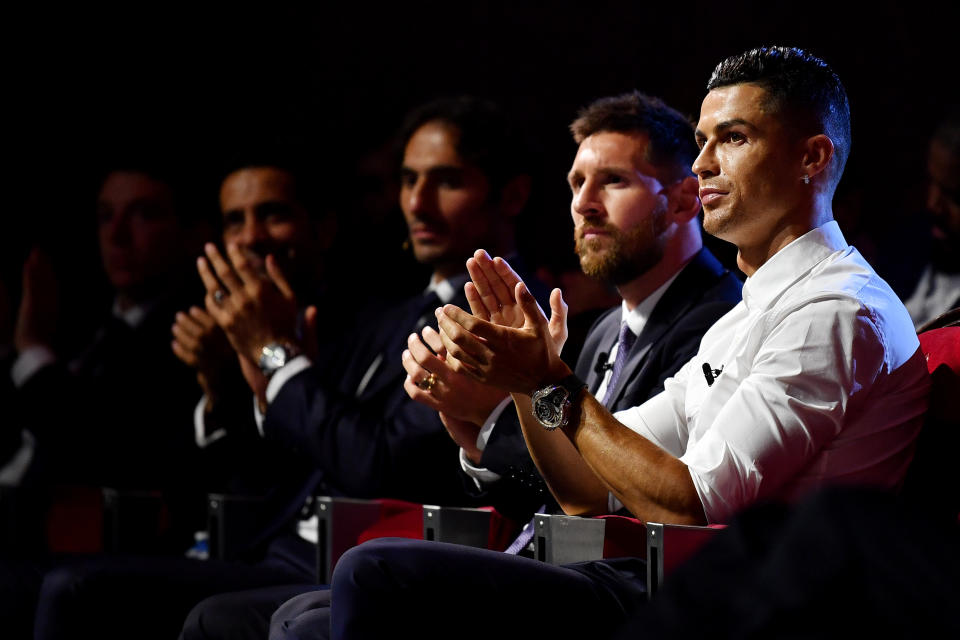 Cristiano Ronaldo (right) of Juventus and Lionel Messi of Barcelona (second from right) will meet in the group stage of the UEFA Champions League. (Valerio Pennicino/Getty Images)