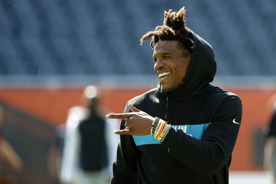 Former Carolina Panthers quarterback Cam Newton is looking for a new team. (AP Photo/Charles Rex Arbogast)