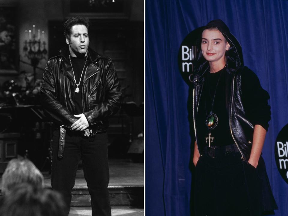 Andrew Dice Clay hosting "SNL" in 1990; Sinéad O'Connor the same year at the Billboard Music Awards.