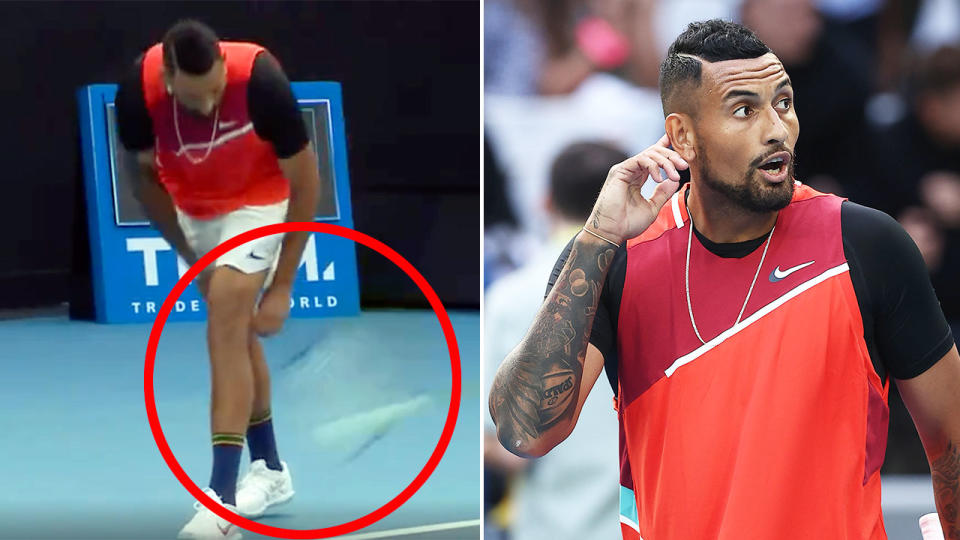 Seen on the left, Nick Kyrgios performs an underarm serve between his legs at the Australian Open. 