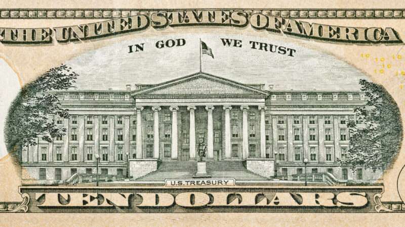 The United States Treasury building as seen on the back of a $10 bill.