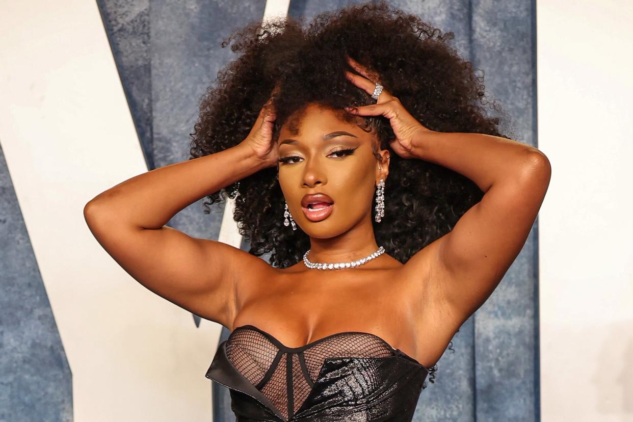 Megan Thee Stallion attends the 2023 Vanity Fair Oscar Party Hosted By Radhika Jones at Wallis Annenberg Center for the Performing Arts on March 12, 2023 in Beverly Hills, California.