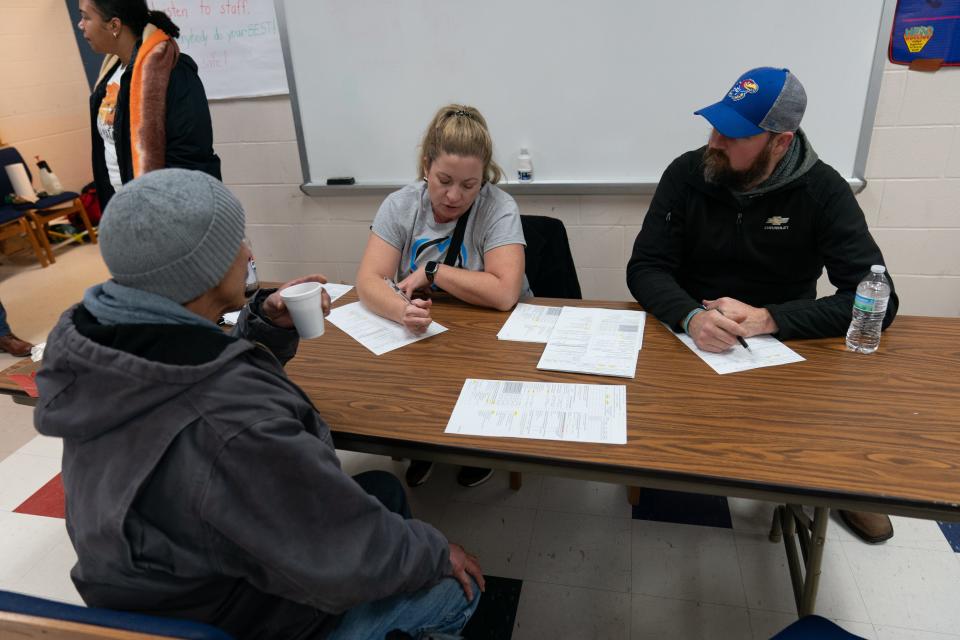 Valeo Behavioral Health Services employee Sondra Knox, left, fills out Point in Time Homeless Count surveys for homeless people Thursday at the Salvation Army's Topeka headquarters.
