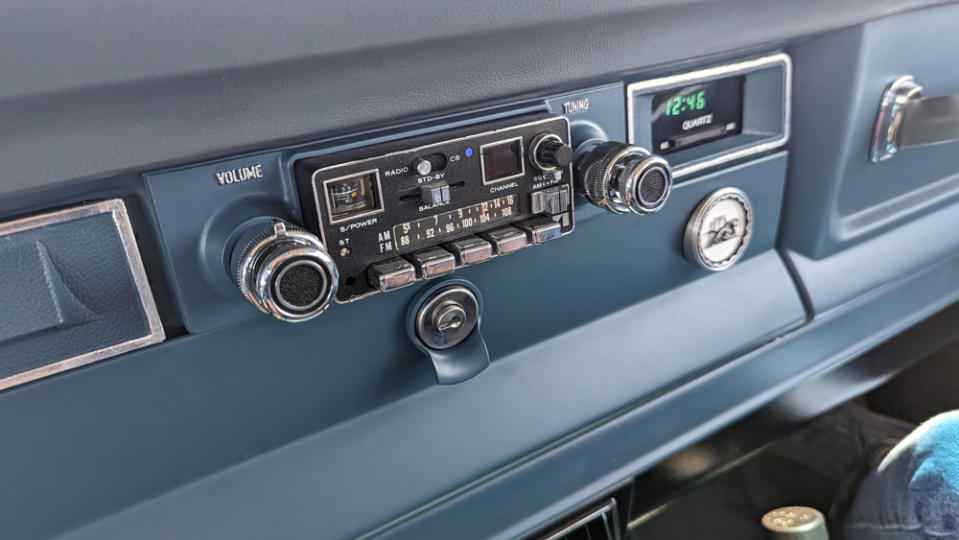 A close-up of the radio in a 1977 Jeep Cherokee S restomod from Vigilante 4x4.