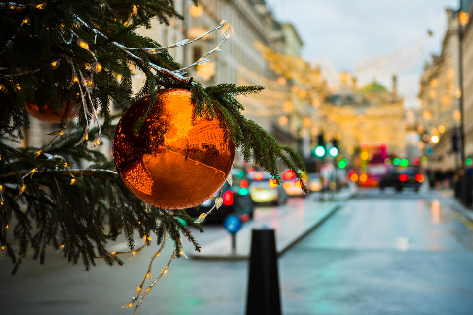 Close up of bauble and Christmas Tree decorations in a London city street