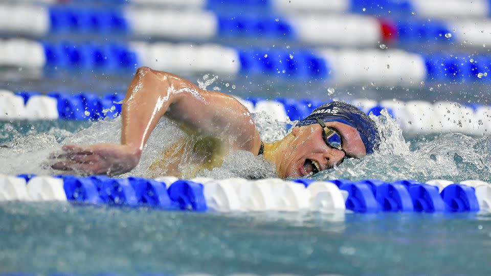 Lia Thomas is on her way to winning the 500-yard freestyle during the NCAA championships in March 2022. - Rich von Biberstein/Icon Sportswire/AP/File