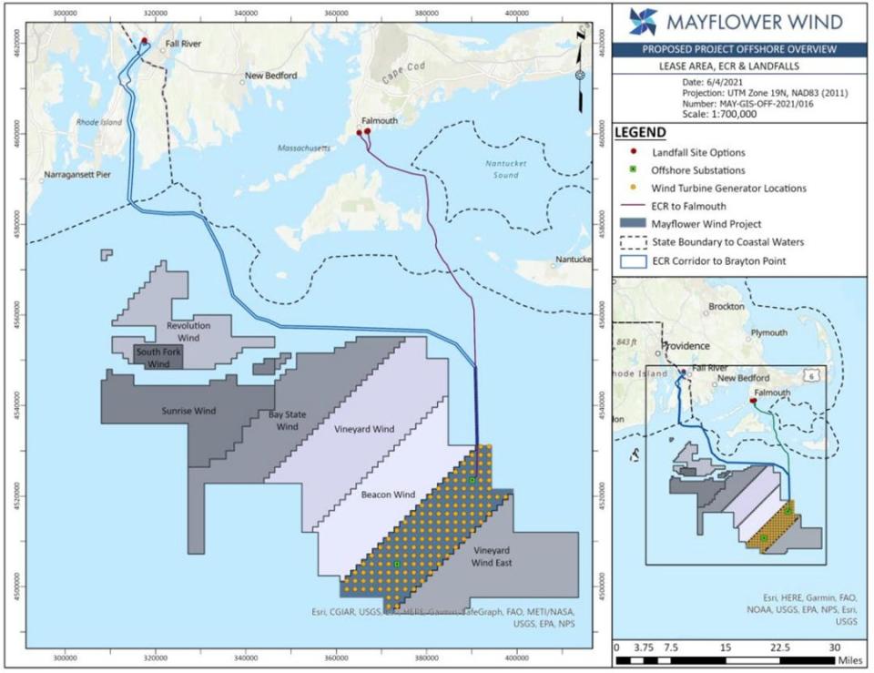 A map of Mayflower Wind's proposed project shows its location in the Atlantic Ocean, with connections to Brayton Point in Somerset.