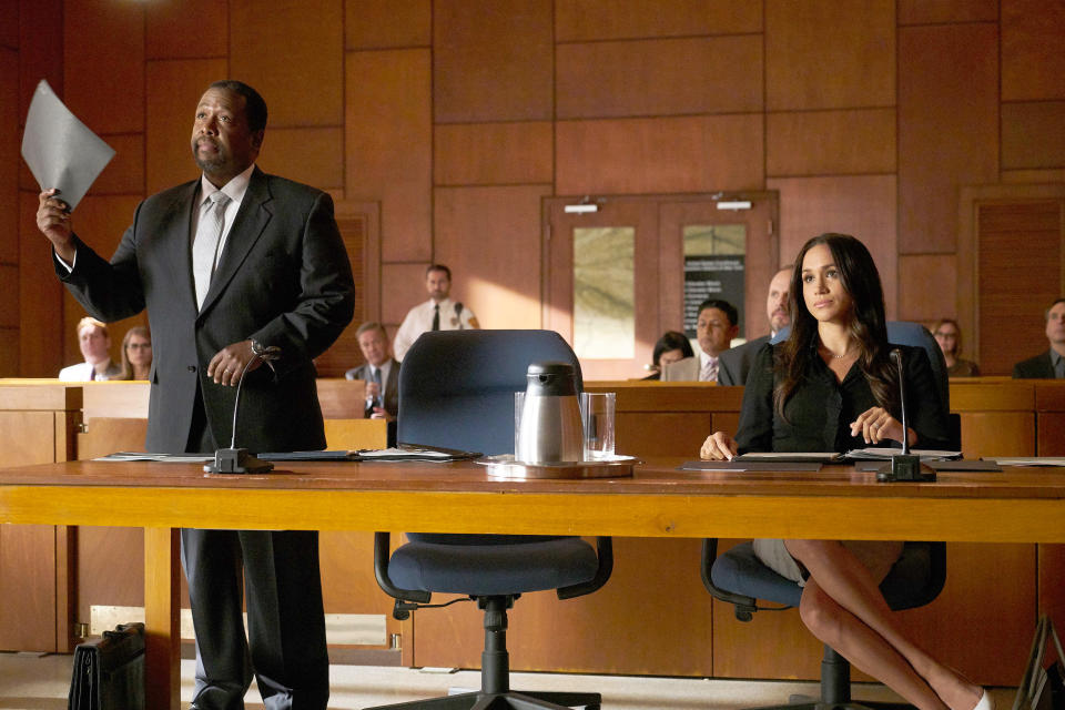 SUITS, from left: Wendell Pierce, Meghan Markle, 'Shame', (Season 7, ep. 709, aired Sept. 6, 2017). photo: Ian Watson/© USA Network/courtesy Everett Collection