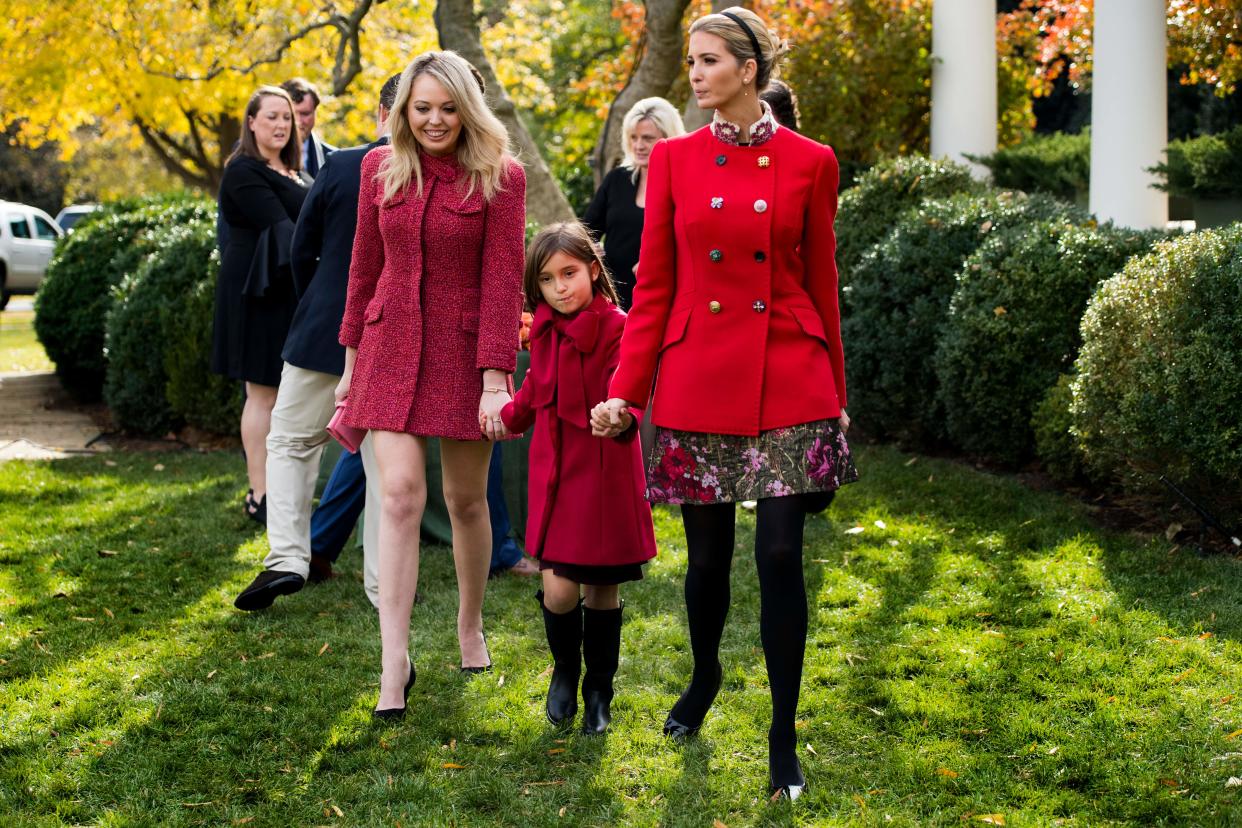 Ivanka Trump with daughter Arabella and sister Tiffany Trump after viewing the pardoned Thanksgiving turkey Drumstick in the Rose Garden. (Photo: Jim Watson/AFP/Getty Images)